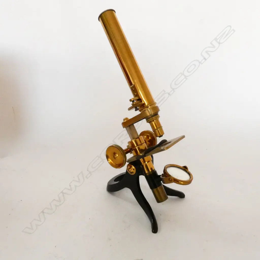 COMPACT MAHOG CASED LACQUERED BRASS COMPOUND MONOCULAR MICROSCOPE, w BULLSEYE ON STAND, ONE REPLACEMENT OBJECTIVE Image 1++
